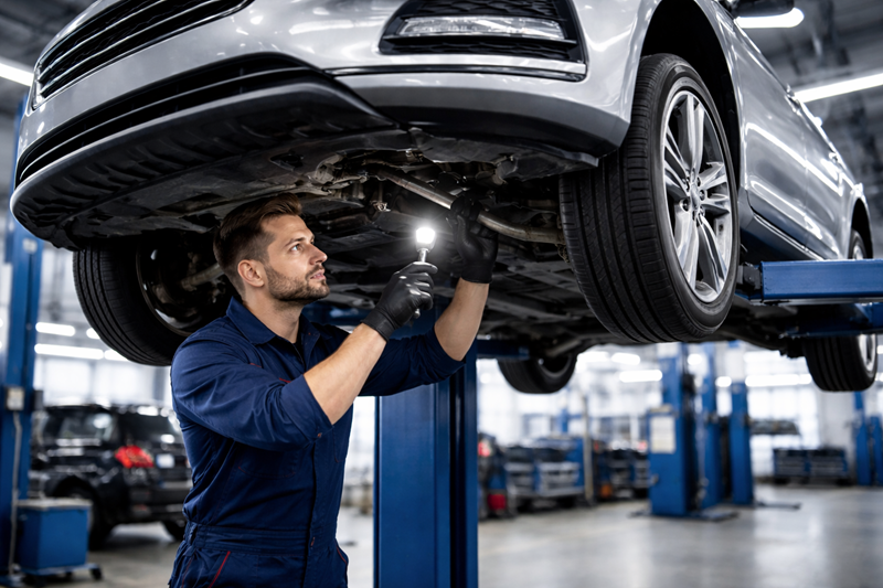 Mechanik podczas diagnostyki komputerowej samochodu w serwisie we Wrocławiu