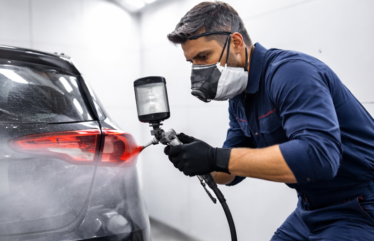 Lakiernik samochodowy malujący auto w kabinie bezpyłowej we Wrocławiu