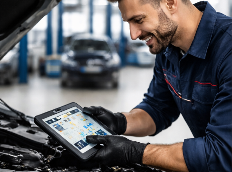 Mechanik sprawdzający zawieszenie samochodu na podnośniku w serwisie Wrocław