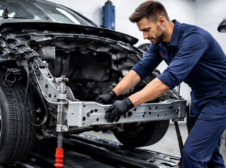 Naprawa powypadkowa samochodu na ramie naprawczej w warsztacie we Wrocławiu