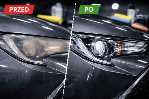Porównanie reflektora samochodowego przed i po polerowaniu