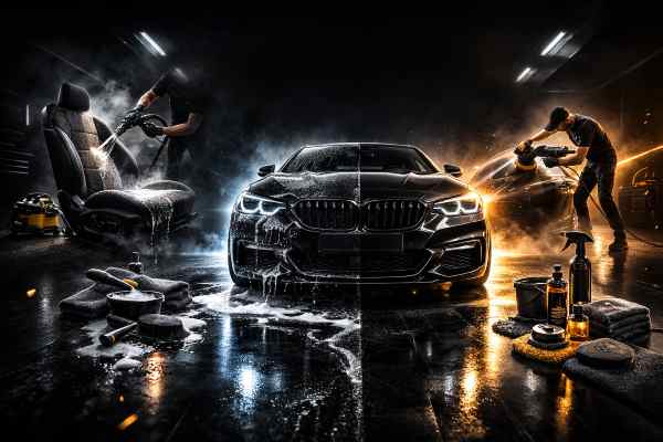 Detailing wnętrza samochodu i czyszczenie tapicerki w nowoczesnym warsztacie