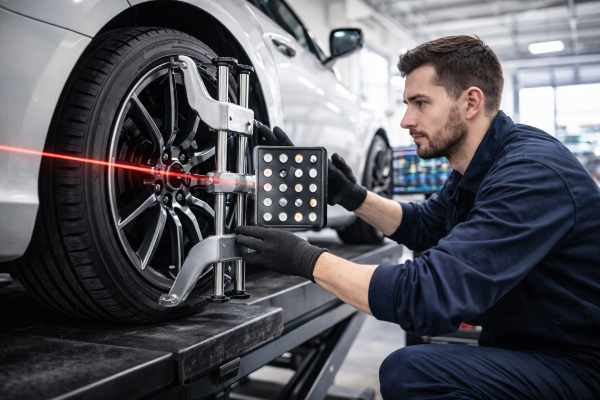 Процесс 3D развала-схождения автомобиля в автосервисе Вроцлава