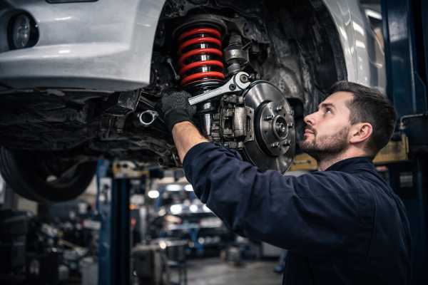 Mechanik wykonuje naprawę zawieszenia – wymiana amortyzatora i sprężyny