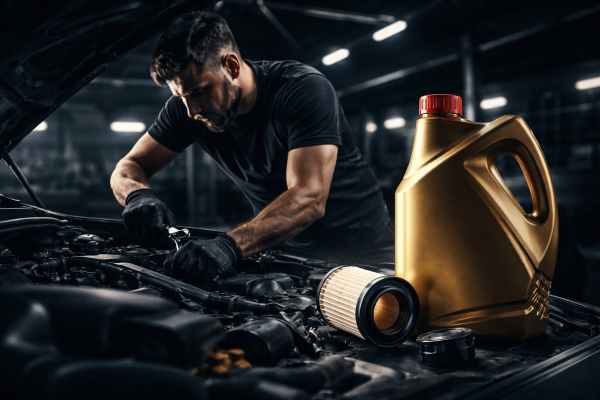 Mechanik podczas wymiany oleju silnikowego w serwisie samochodowym we Wrocławiu