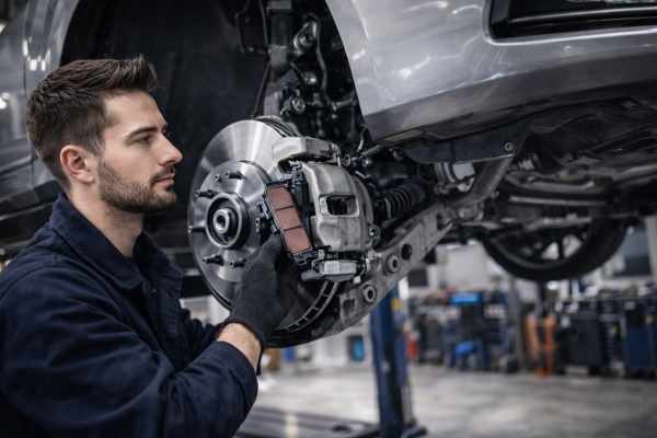 Mechanik wymienia klocki hamulcowe w samochodzie na podnośniku – WELLAUTO