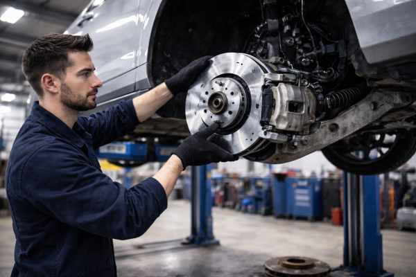 Mechanik wymienia tarczę hamulcową w samochodzie na podnośniku – WELLAUTO