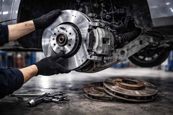 Nowa tarcza hamulcowa montowana w samochodzie – serwis WELLAUTO