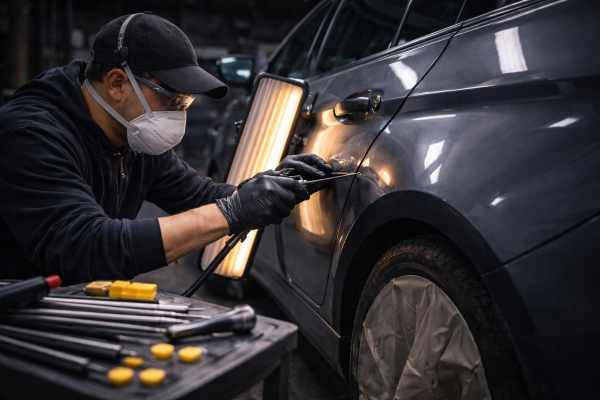 процесс удаления вмятины PDR инструментами изнутри