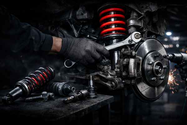 Mechanik naprawia zawieszenie samochodu na podnośniku w warsztacie WELLAUTO