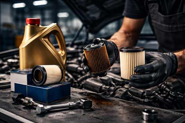 Zużyty i nowy filtr oleju podczas wymiany oleju w serwisie samochodowym Wrocław