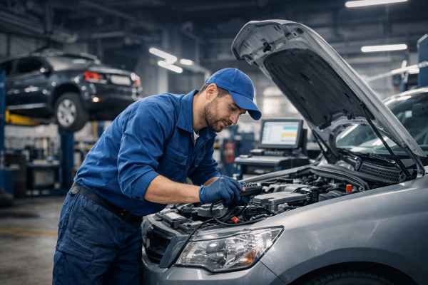 еханик в автосервисе во Вроцлаве выполняет диагностику автомобиля