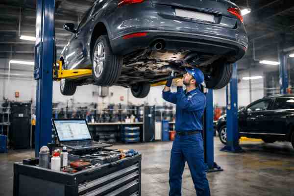 Автомобиль на подъемнике в автосервисе во Вроцлаве — ремонт и диагностика